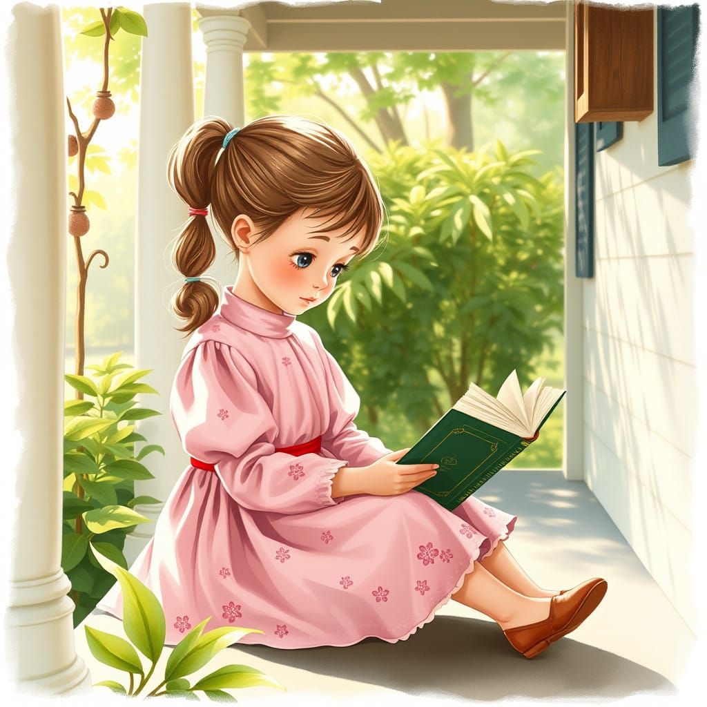 Young Girl Reads on Cozy Spring Morning in Whimsical Waterco...