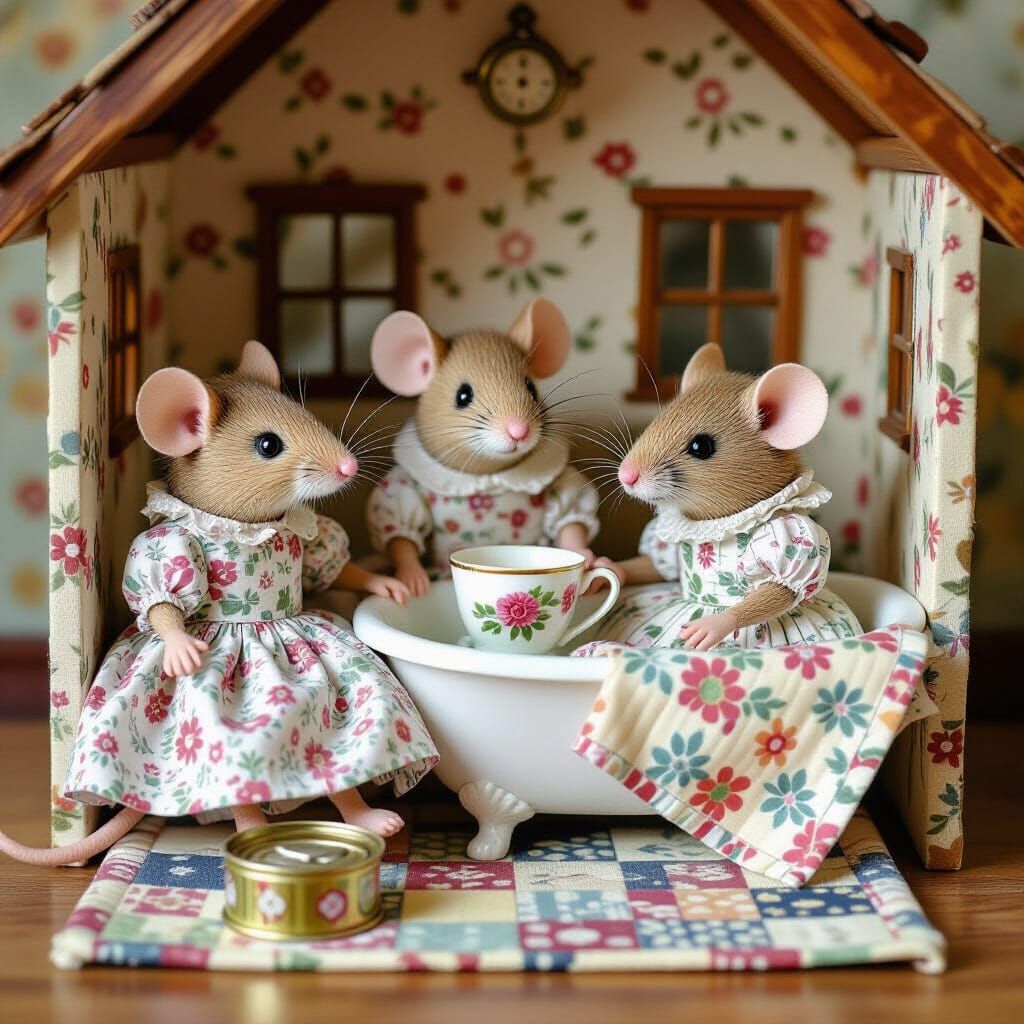 Mice in Dollhouse as Beatrix Potter Illustration