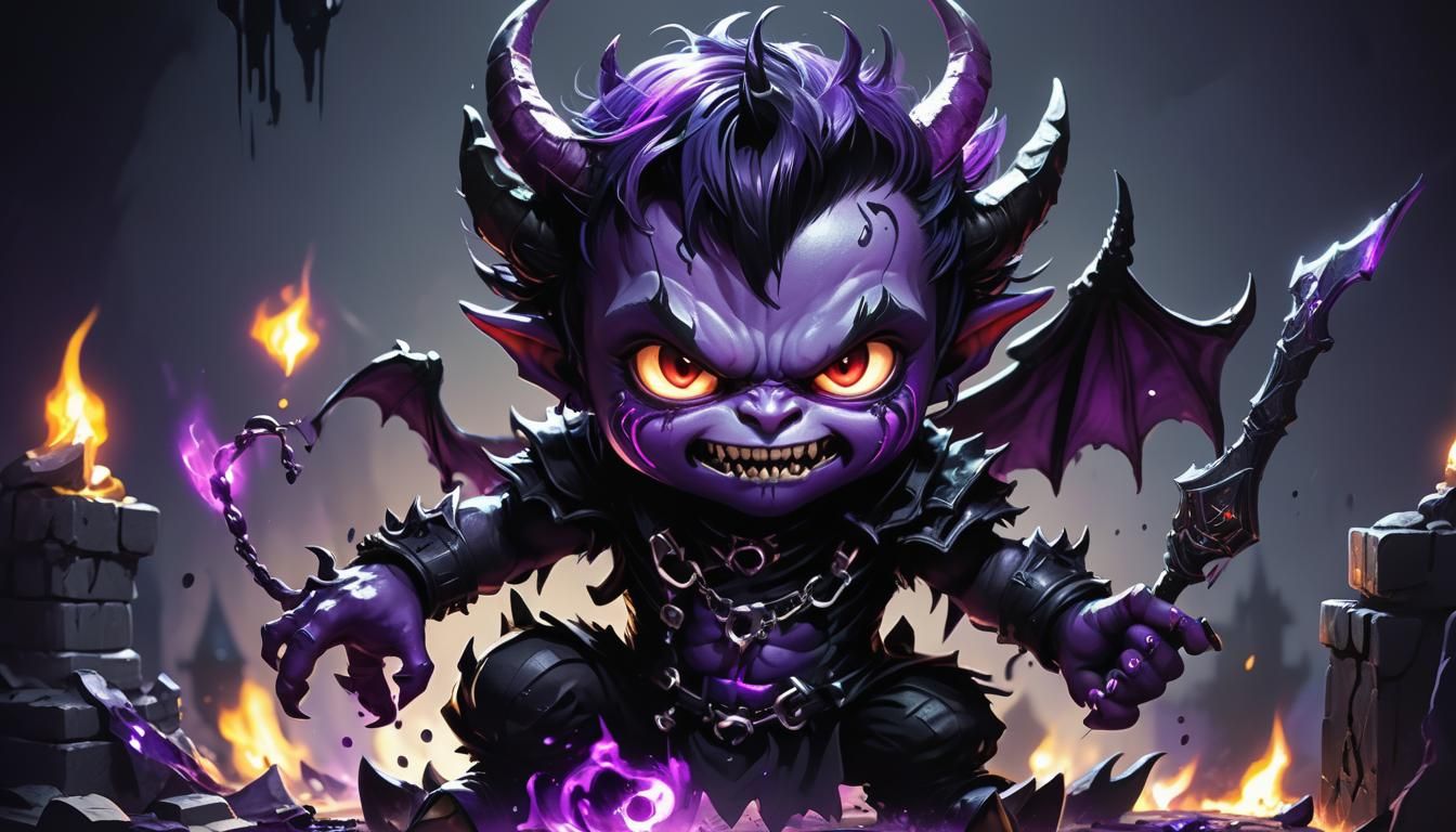 Chibi Demon Plays Video Game in Splash Art Style