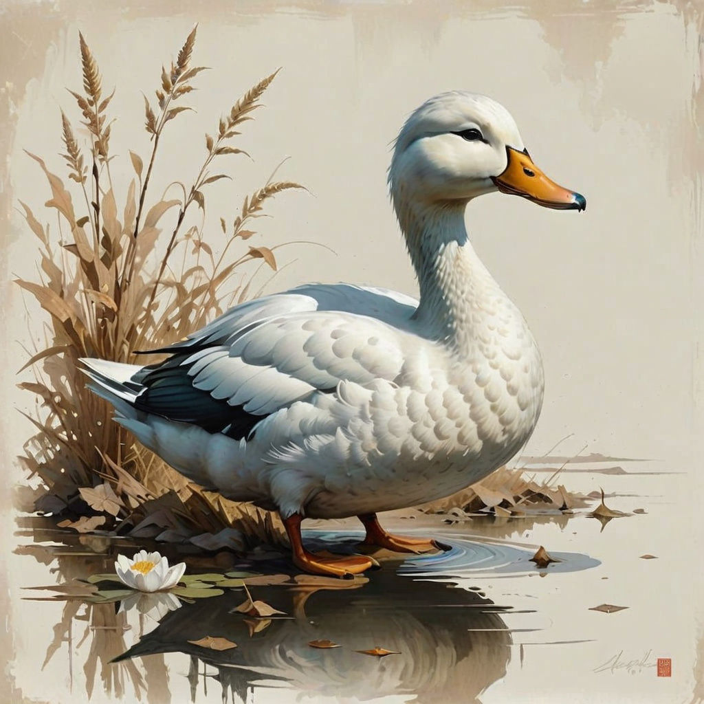 A White Call Duck in a Vintage Waterlily Scene