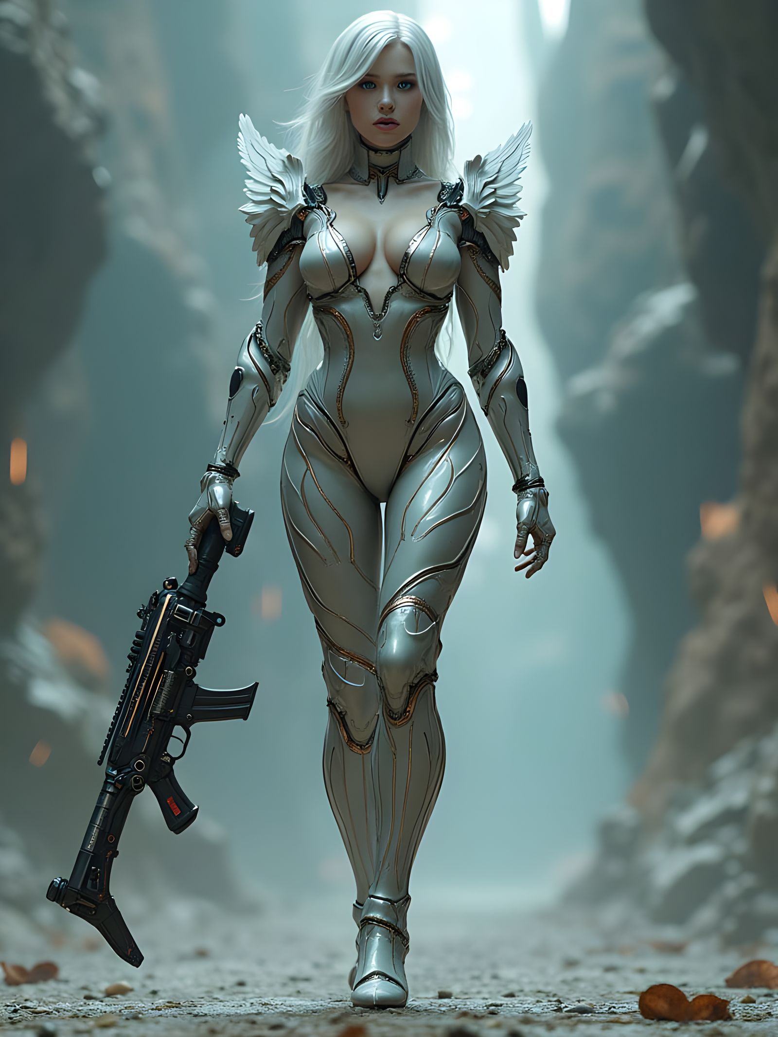 Ethereal Warrior in Futuristic Battle Suit