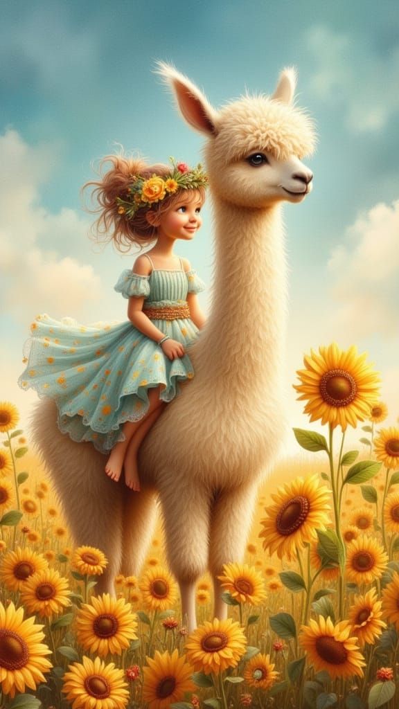 Girl on Alpaca in Sunflower Field, Whimsical Watercolor