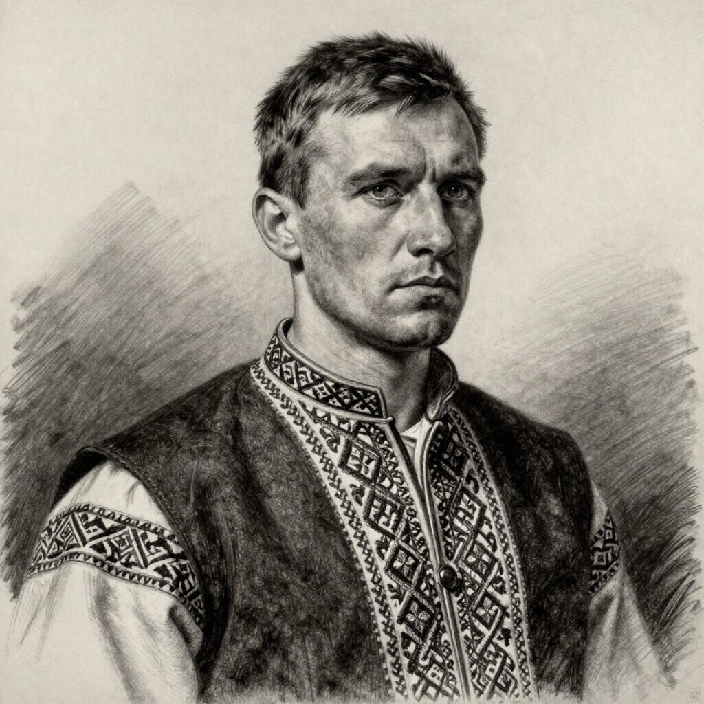 Belarusian Man in Traditional Costume Charcoal Drawing