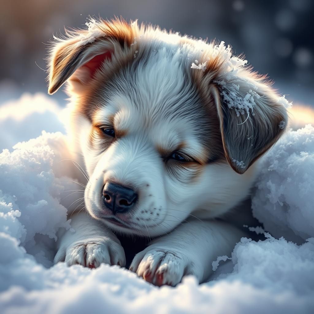 Hyperrealistic Puppy Covered in Snow: Splash Art