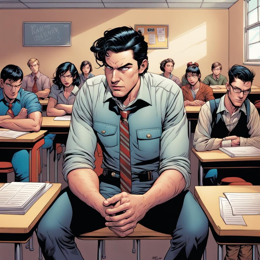 Retro Style Comic Book Teacher in Classroom