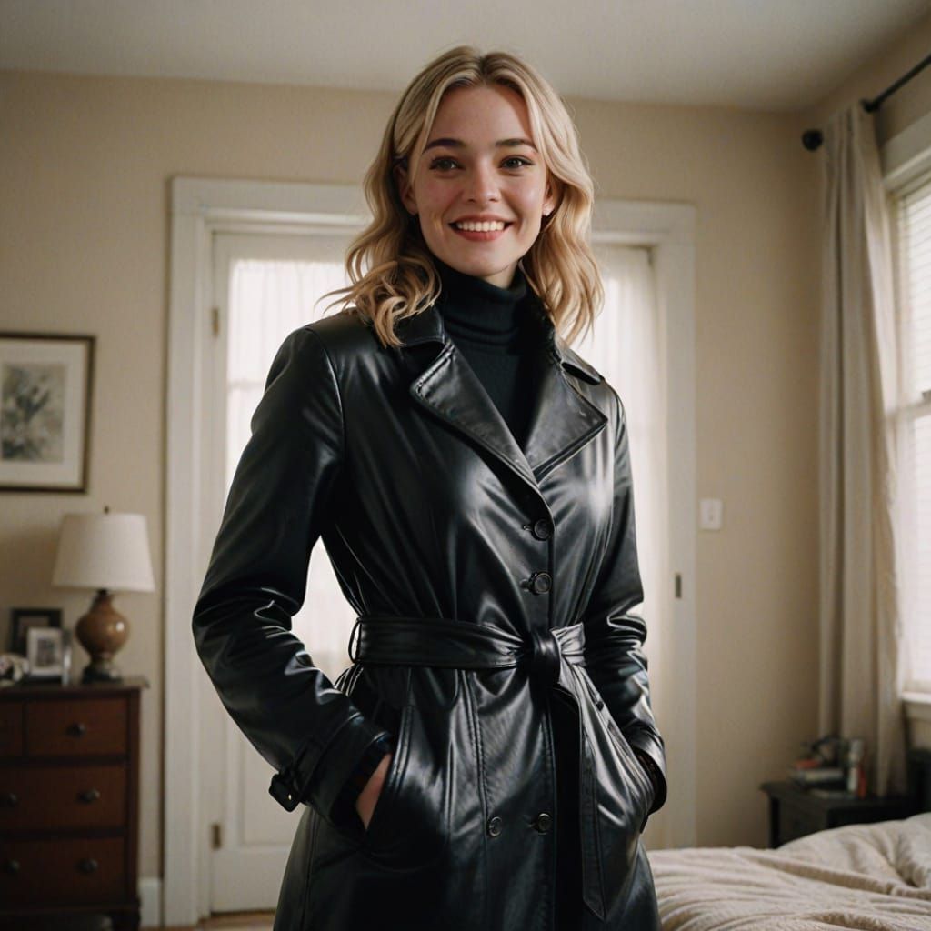 Sultry Blonde Dominates the Bedroom in a Long Leather Coat