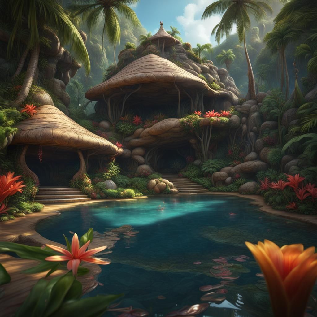Seashell Home in Tropical Jungle Landscape