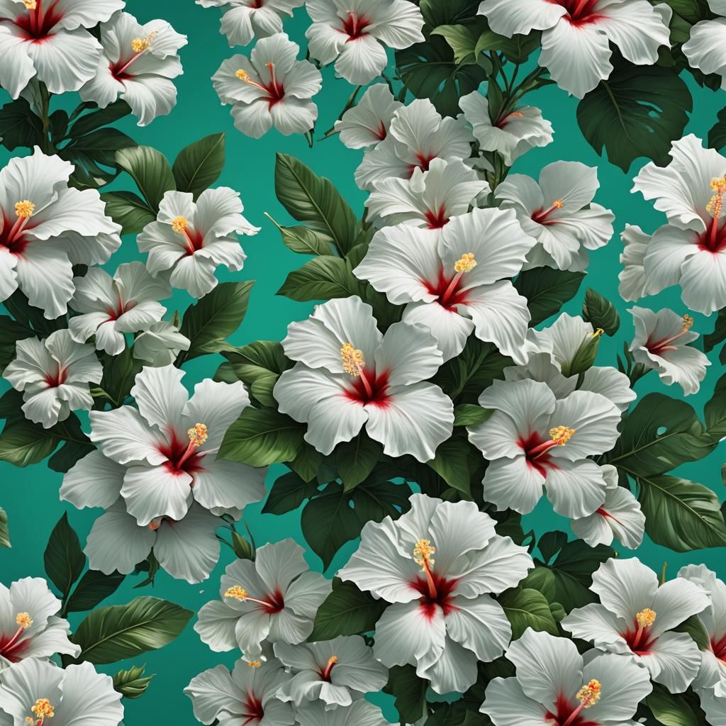 White Hibiscus on Jade Background: Detailed Matte Painting