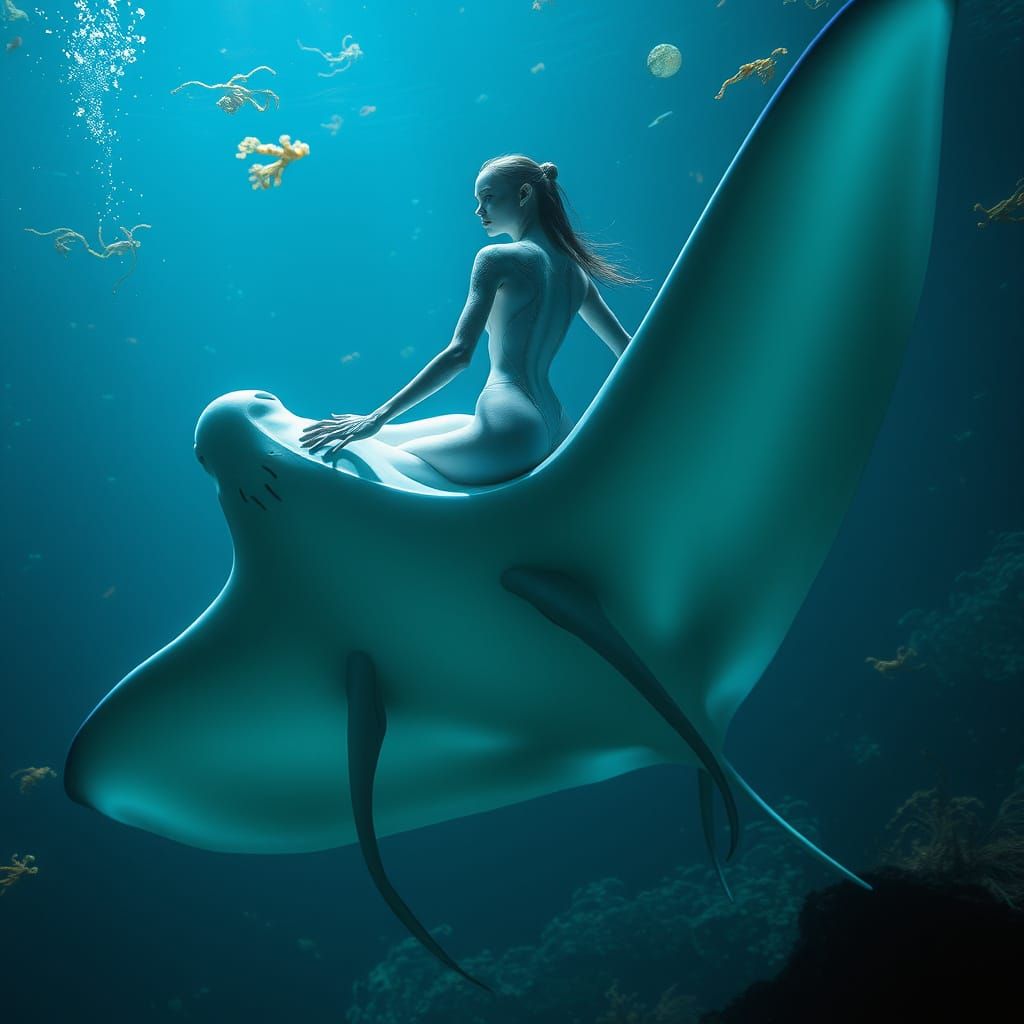 Bioluminescent Marine Humanoid Rides Manta Ray