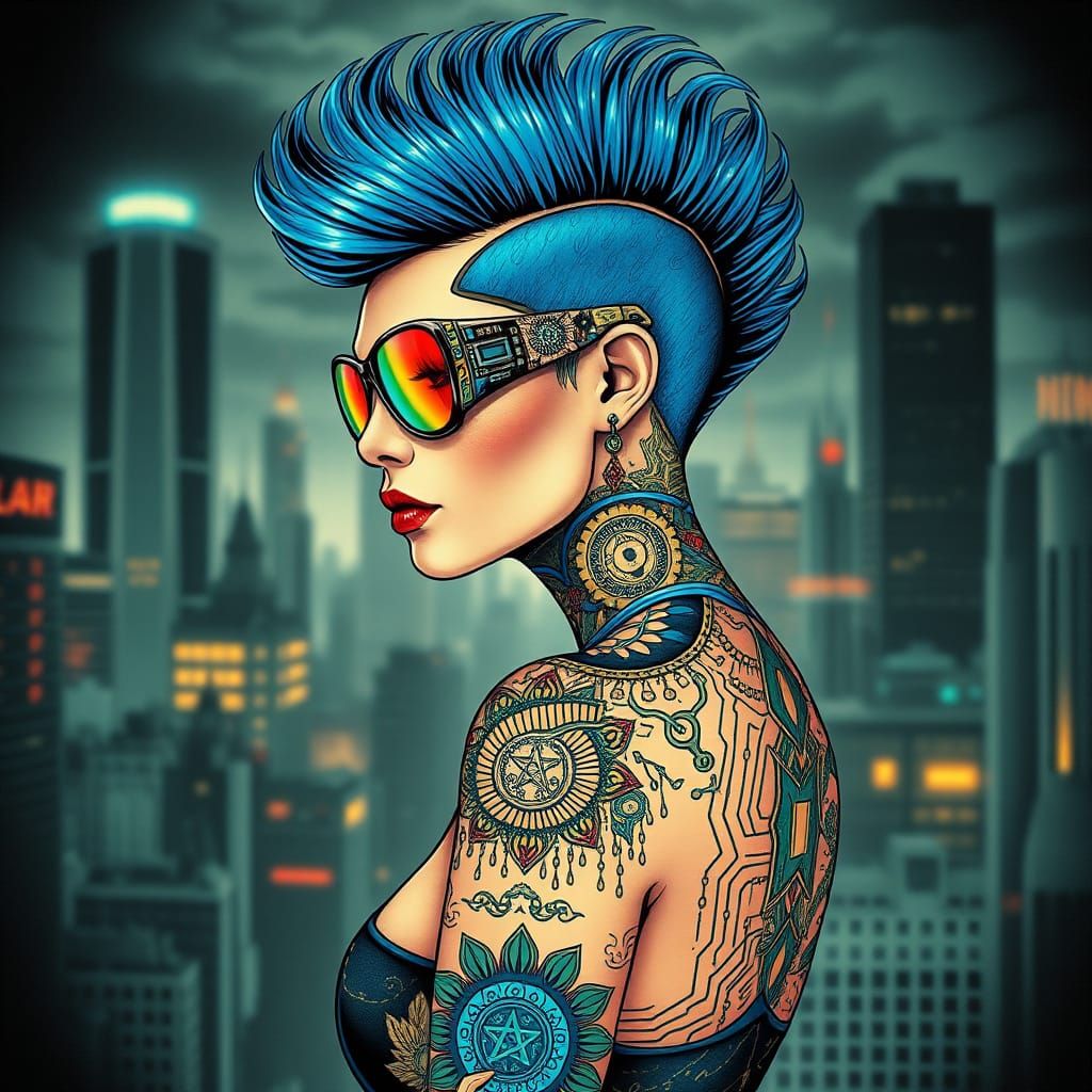 traditional tattoo lady aesthetics with futuristic, cyberpun...