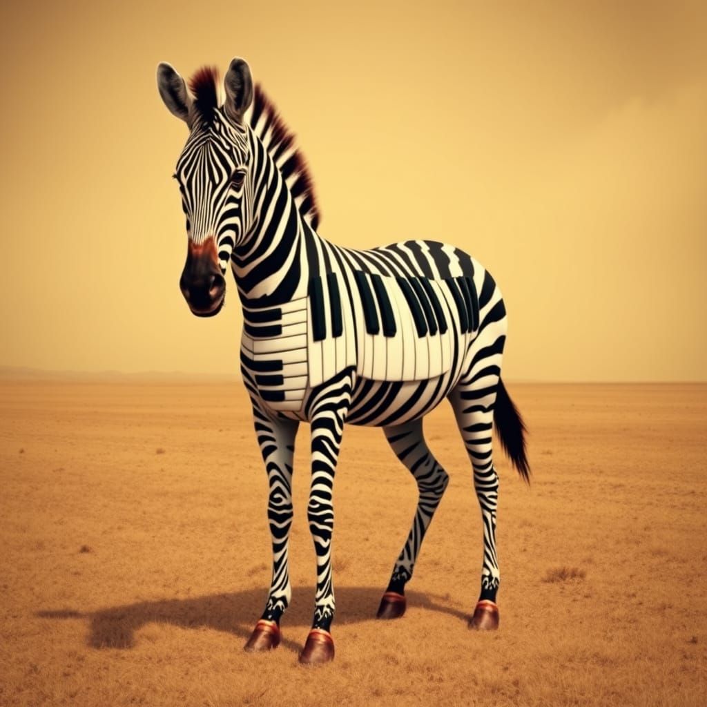 Piano Key Zebra in Sepia Field, Surreal Style