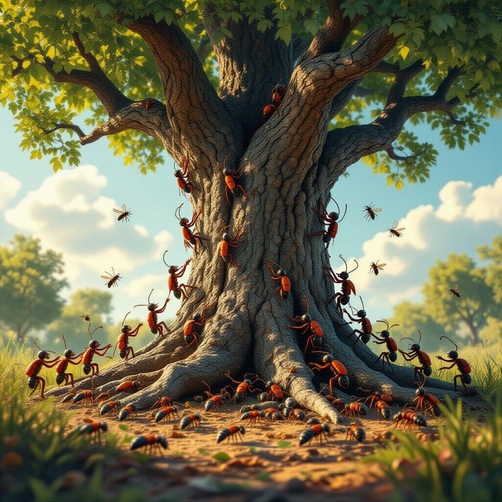 Ant Crowd Felling Giant Tree: Detailed Matte Painting