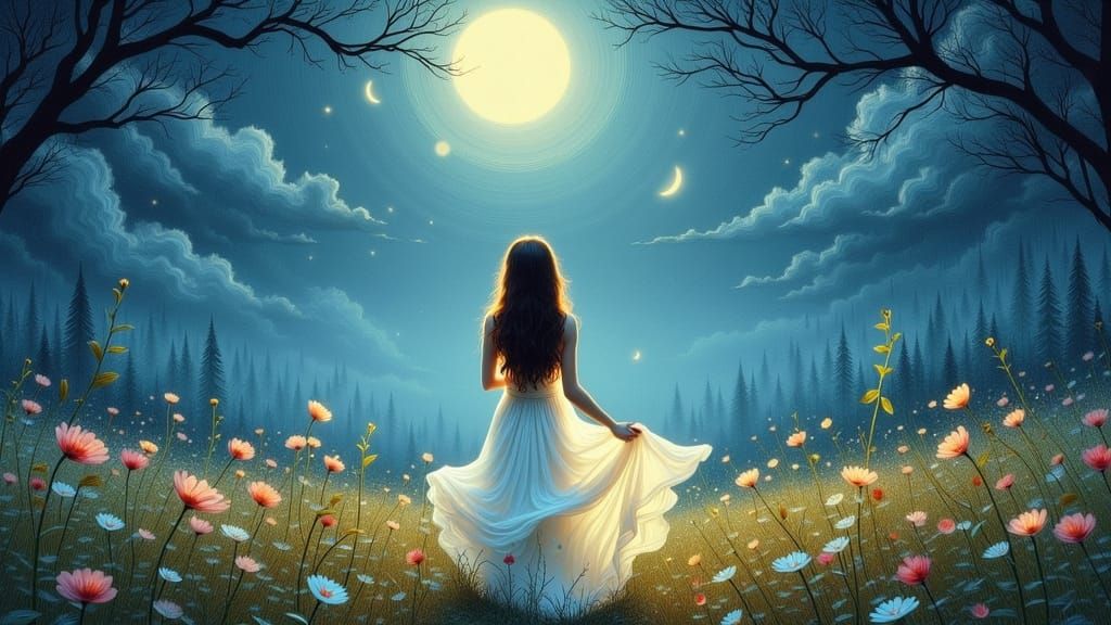 Dreamy Moonlit Woman in Surrealist Oil Painting Style