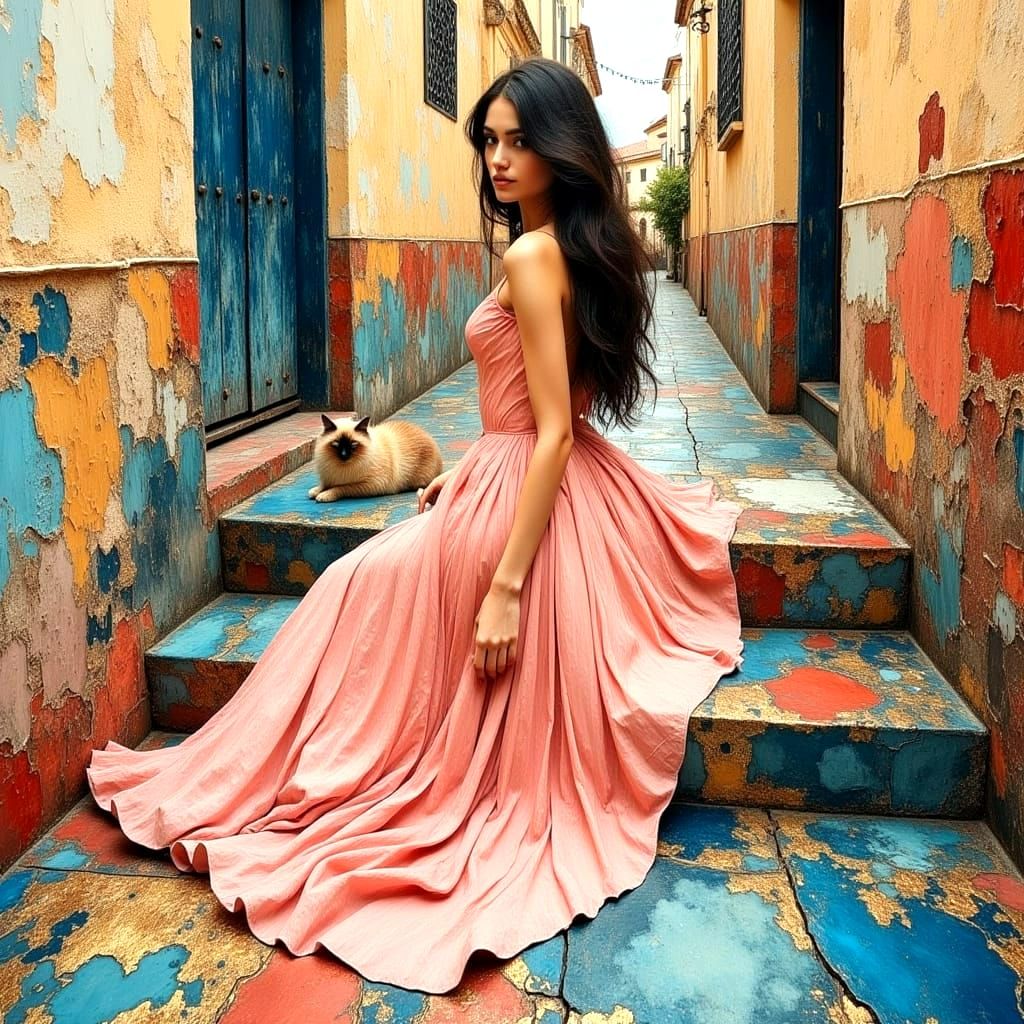 Woman and Cat in Dreamy Impasto Watercolor Hallway