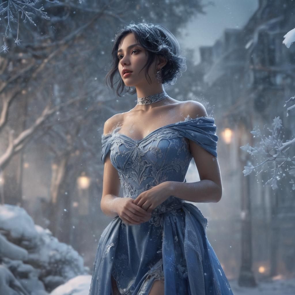 Ethereal Blue Goddess in Snowy Realism