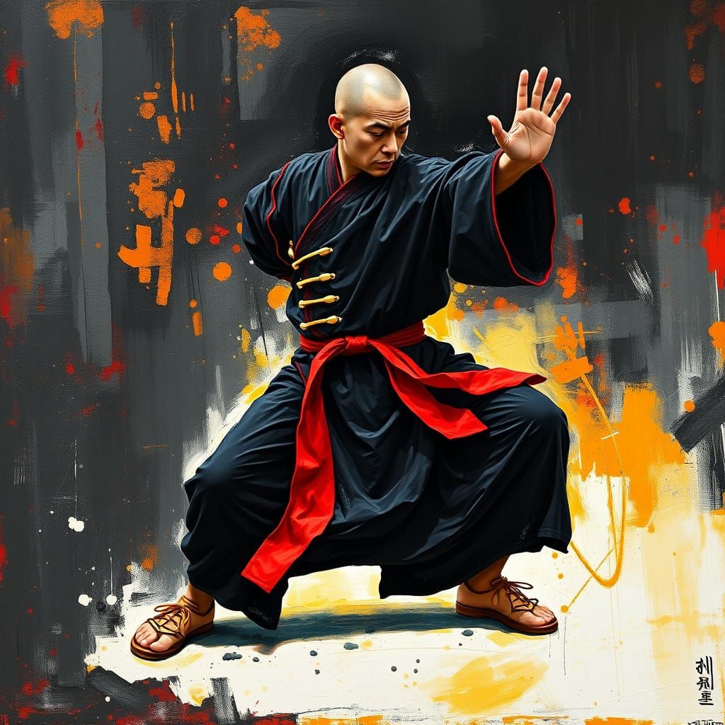 Dynamic Shaolin Monk in Expressive Brushstrokes