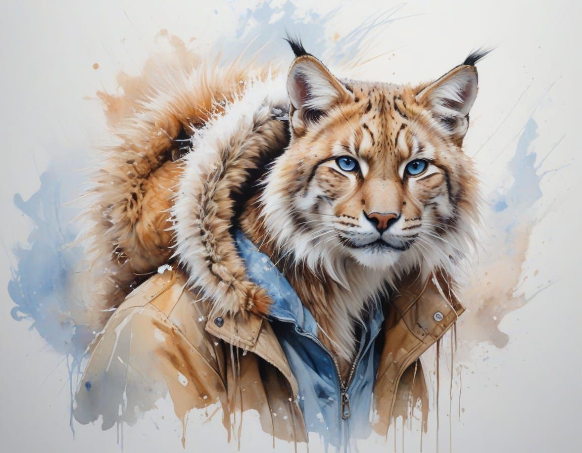 Siberian Trapper with Lynx in Winter Watercolor