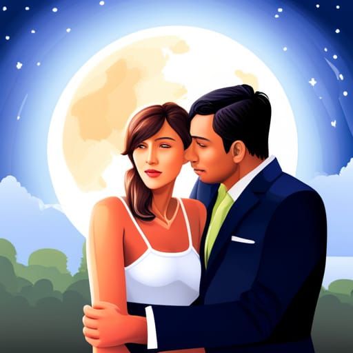 Romantic Couple Cuddling Under Full Moon