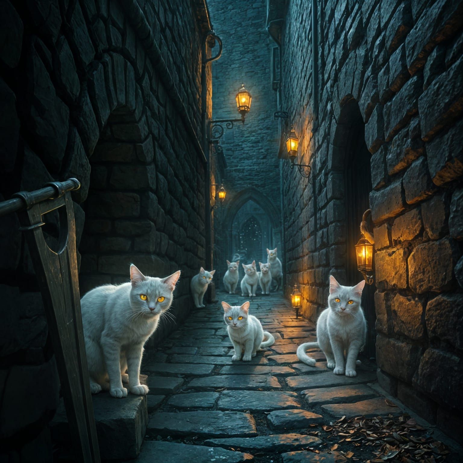 Ethereal Ghost Cats in Medieval Alleyway
