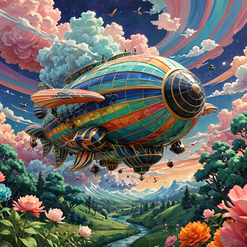 Surreal Striped Airship Soars Through Dreamy Skies