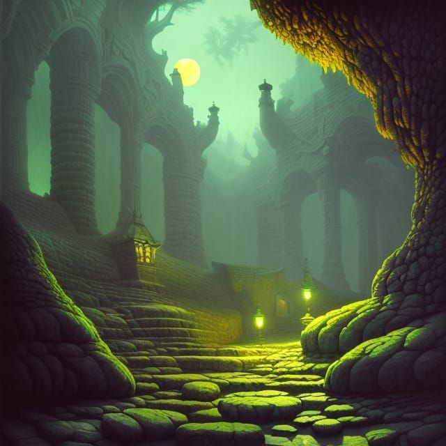 Brooding Stone Heads under Fluorescent Moon, Digital Art