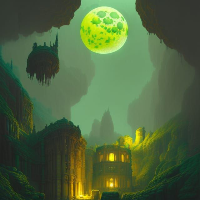 Stone Heads Under Fluorescent Moon, Digital Art