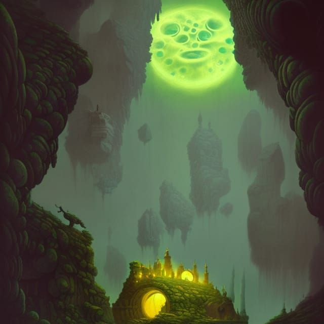 Stone Heads Under Iridescent Moon, Digital Art