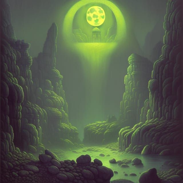 Stone Heads Under Moon: Iridescent Digital Art