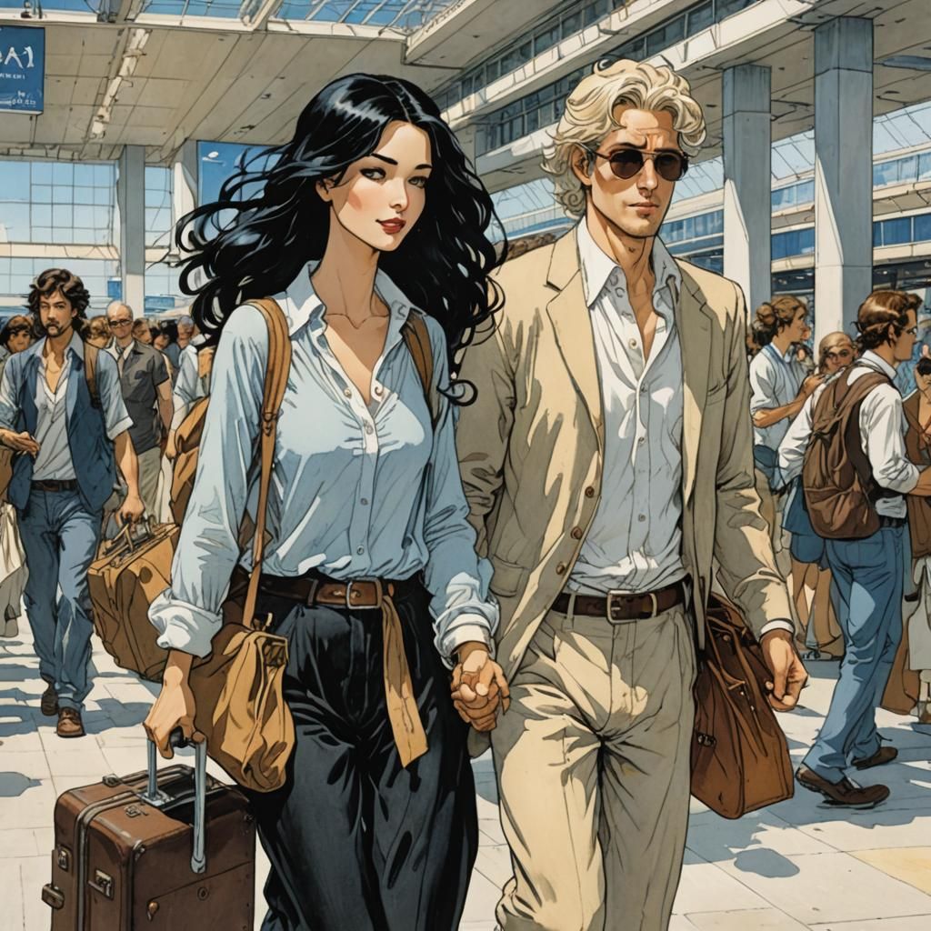 Couple at Airport in Bande Dessinées Style