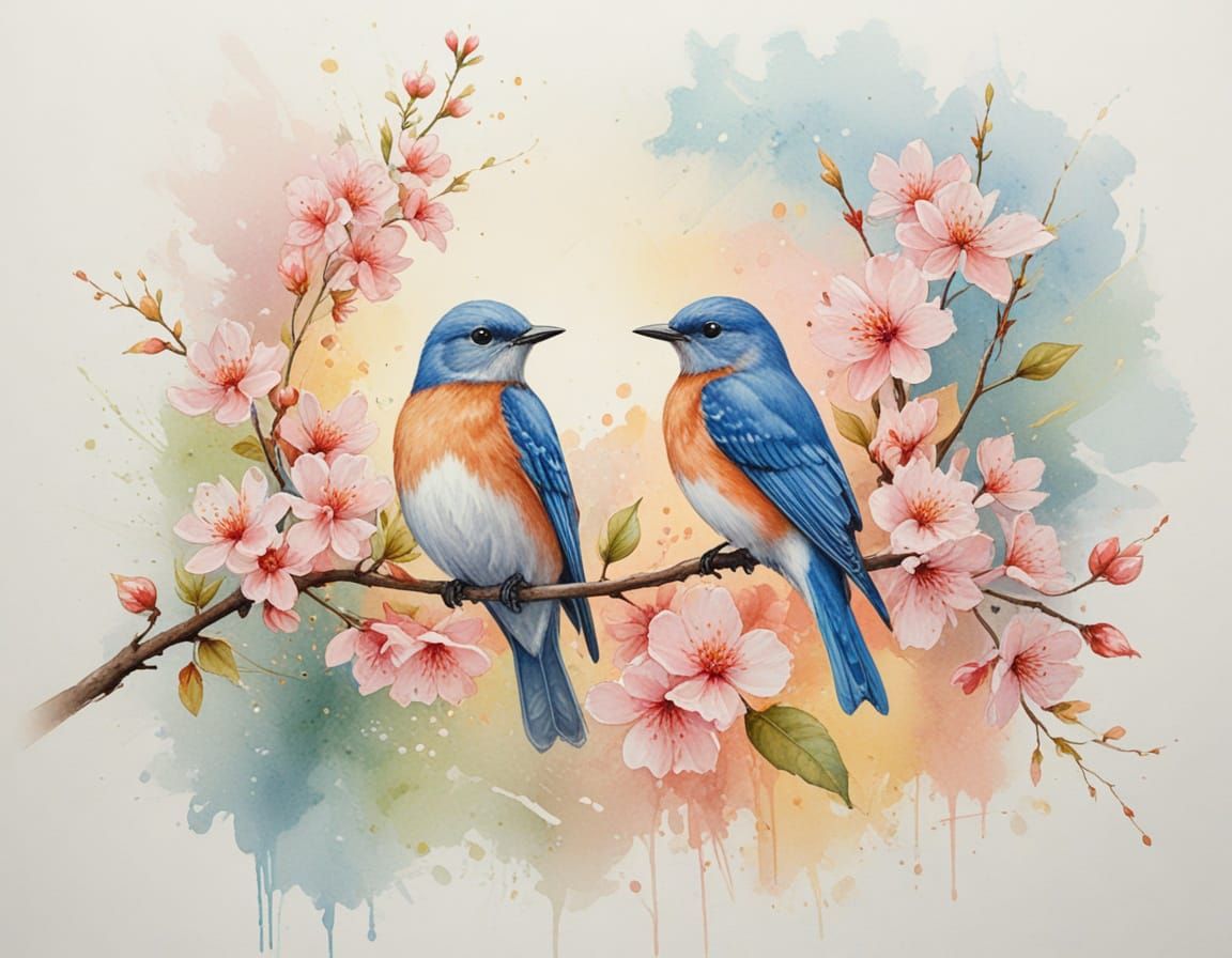 Bluebirds on Cherry Blossoms at Dawn