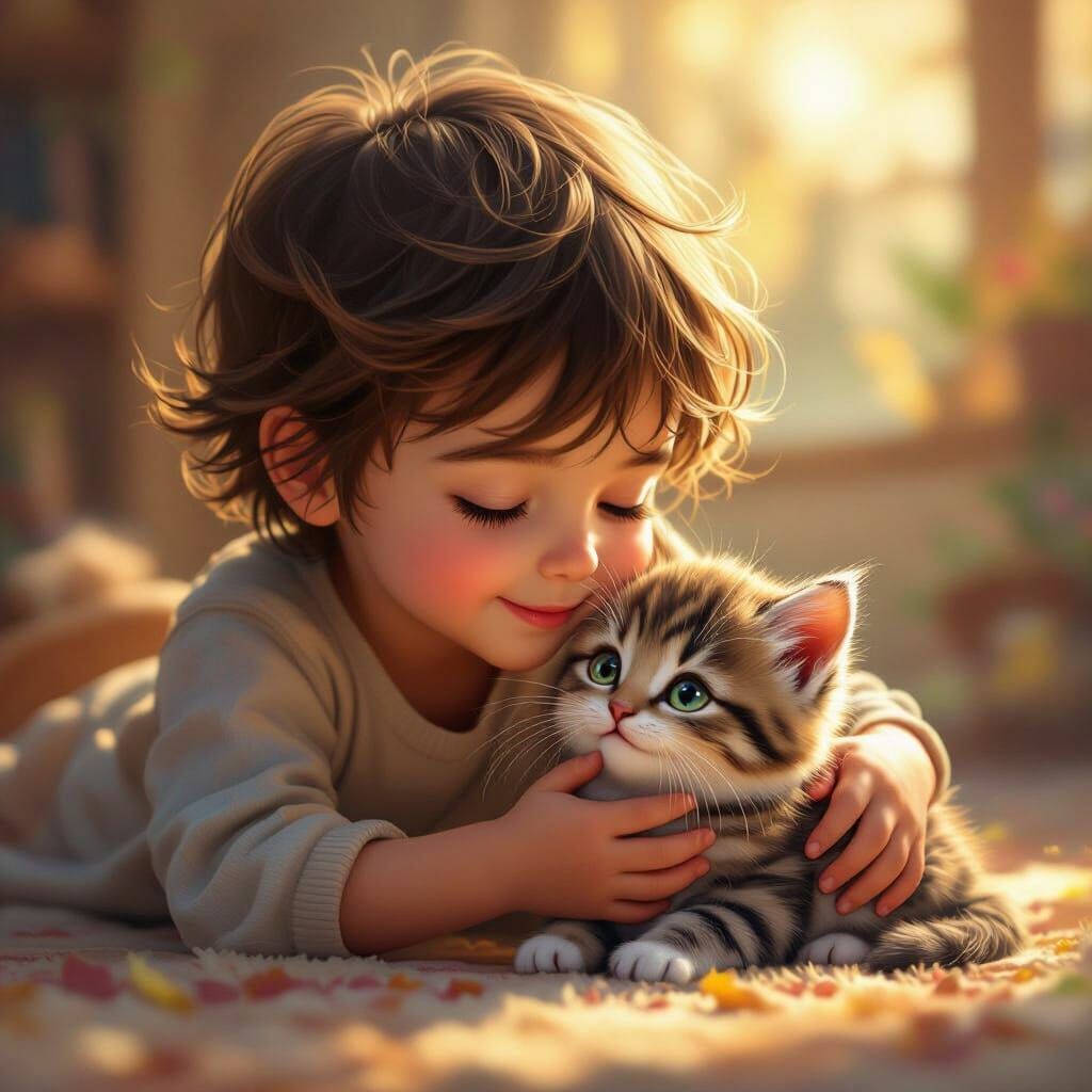 Child Petting Kitten: Enchanting Digital Art