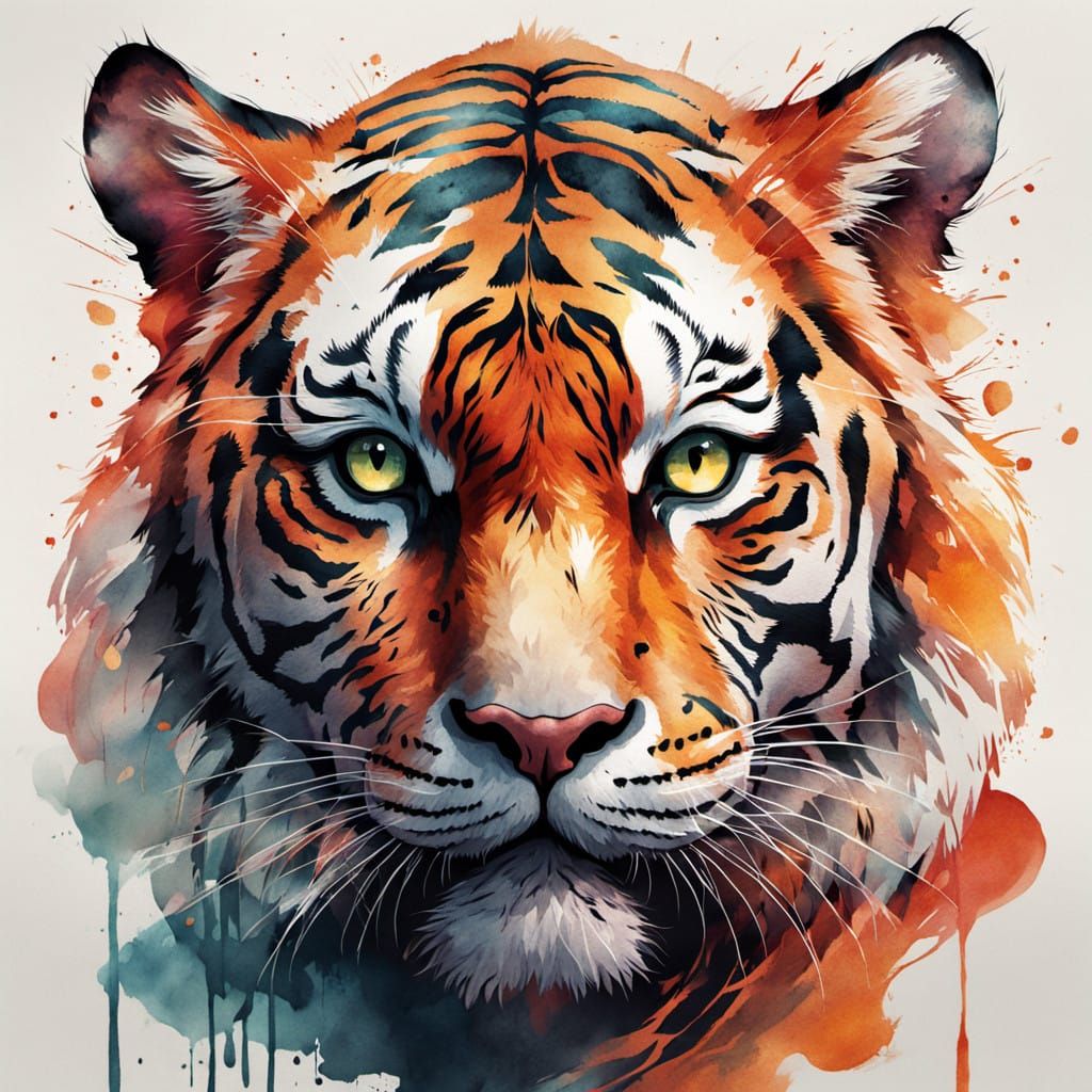 Whimsical Tiger Portrait in Vibrant Watercolour Style