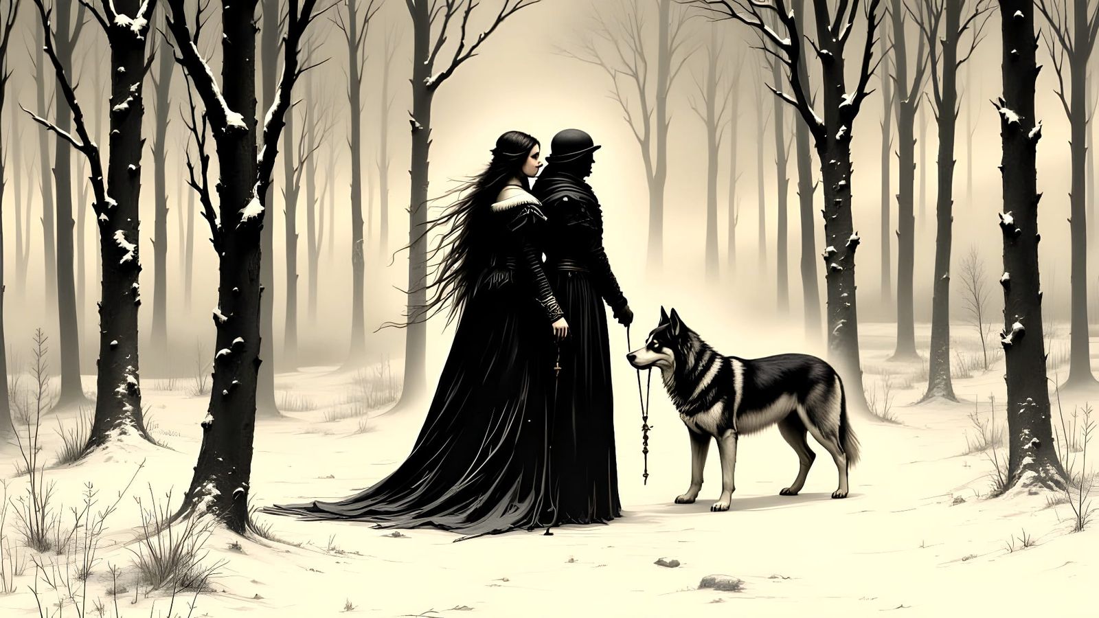 Medieval Couple Portrait with Husky in Snowy Forest