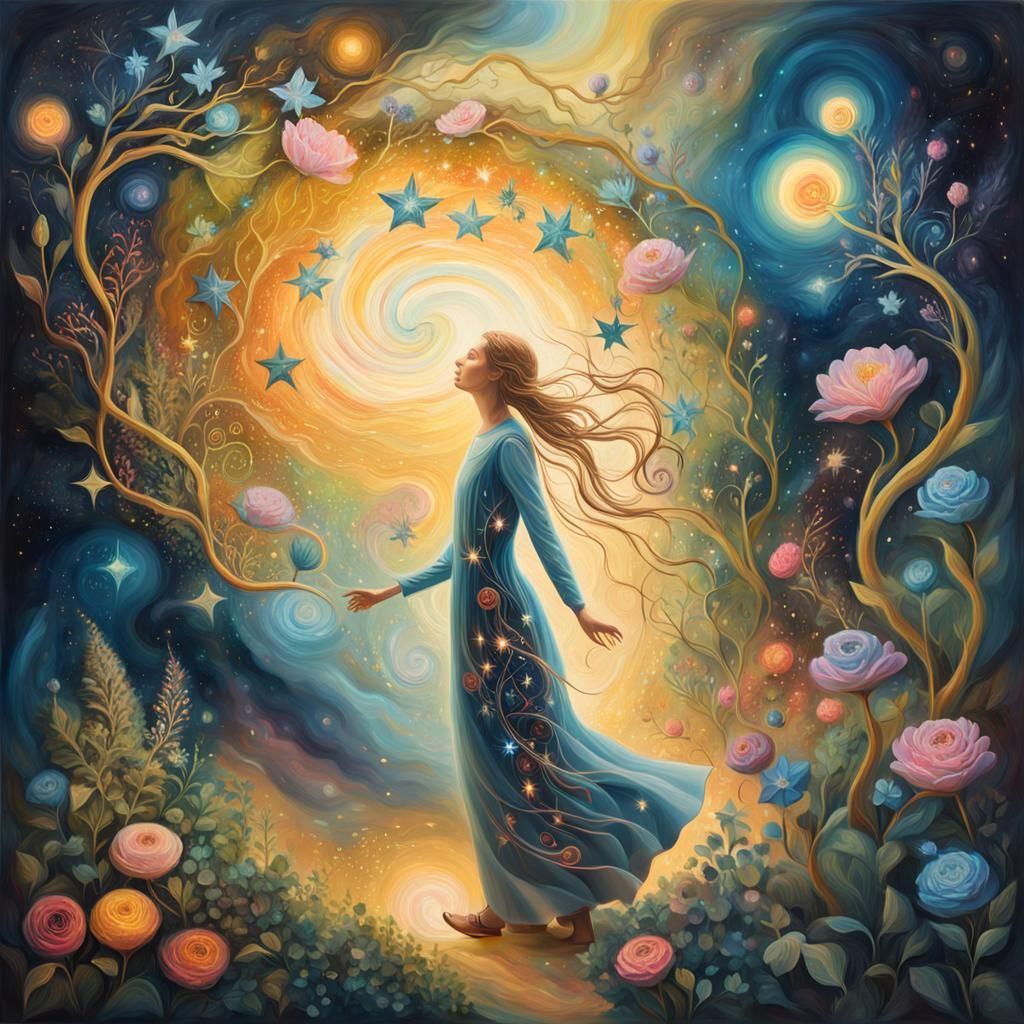 Radiant Being Among Sentient Stellar Blooms