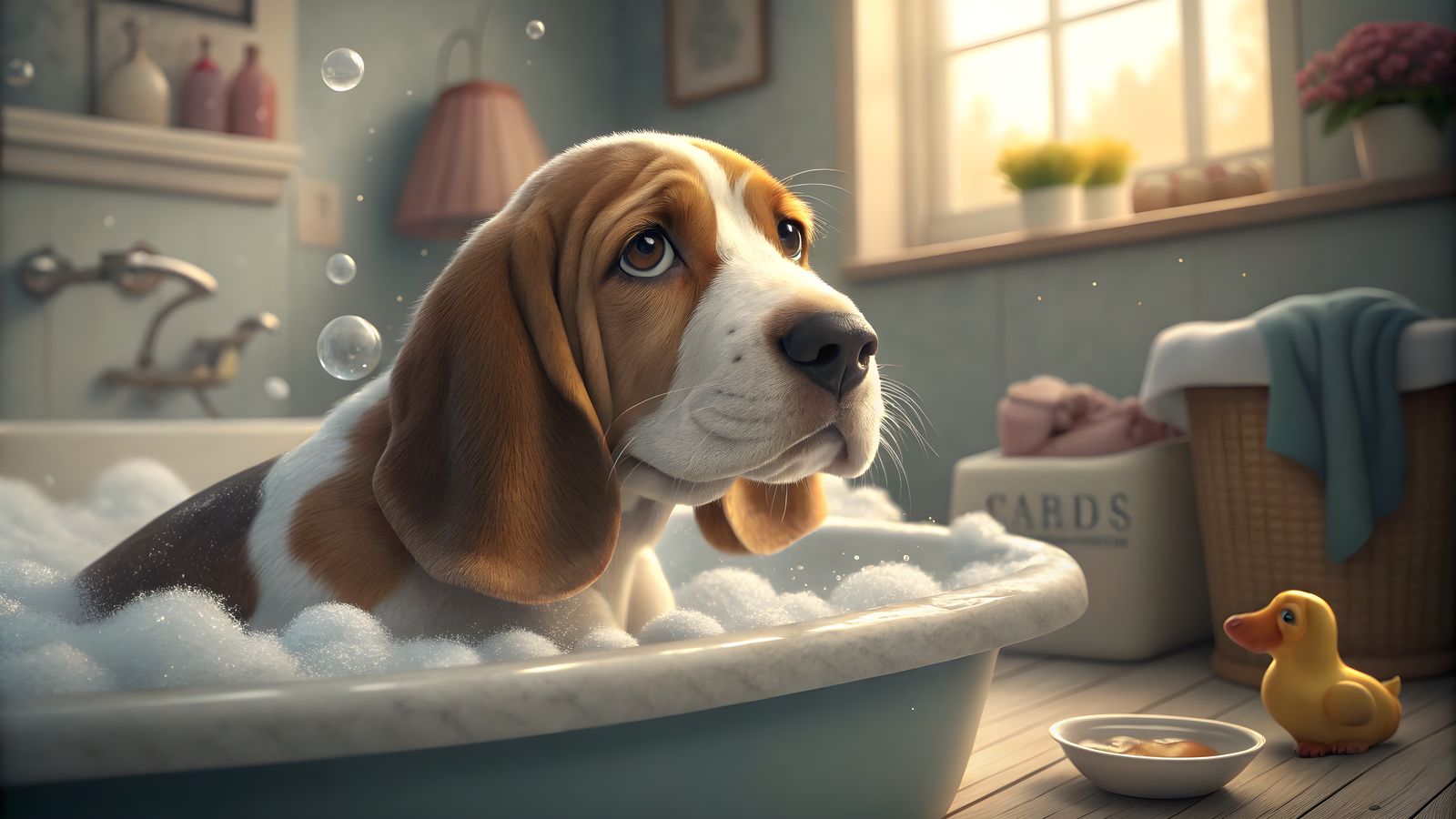 Basset Hound's Bubble Bath: A Cozy 4K Portrait