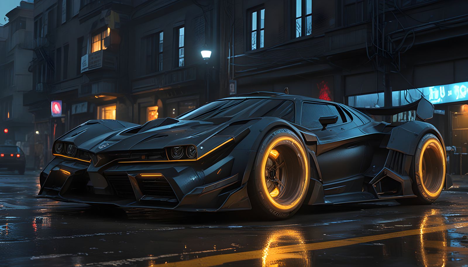 Cyberpunk Batmobile in Dark Gotham Night