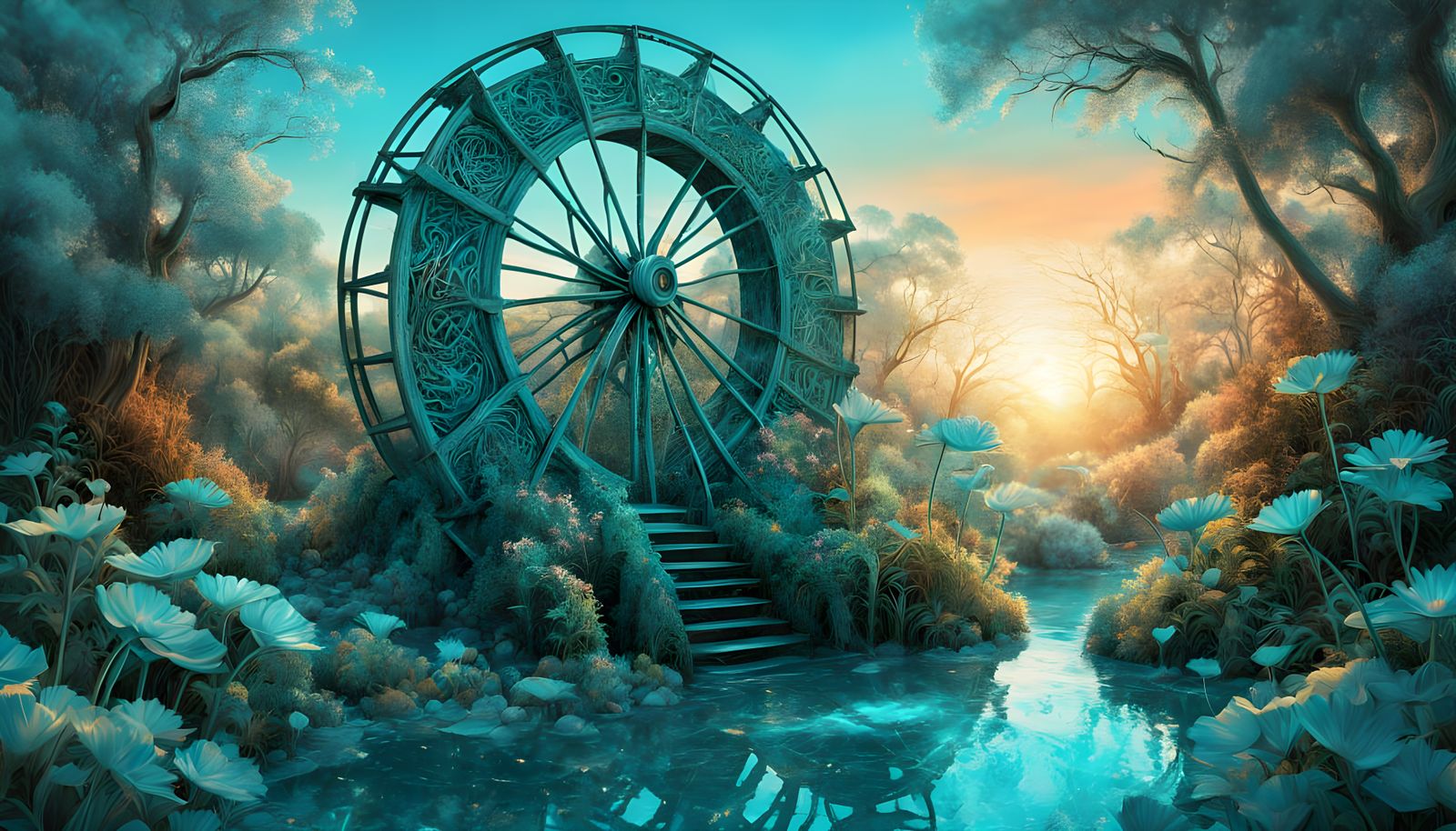 Surreal Bio Art Masterpiece: Glowing Waterwheel in Sunset La...