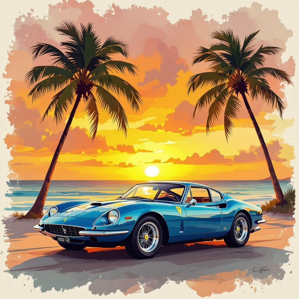 Vintage Ferrari on Beach with Sunset Palms: Watercolour Pain...