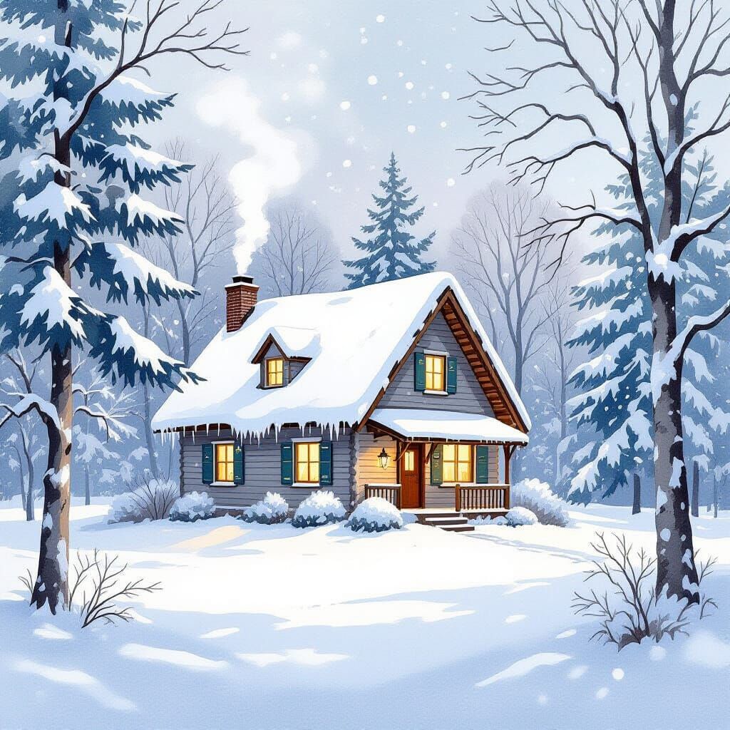 Cozy Cabin in Snowfall, Watercolor Style