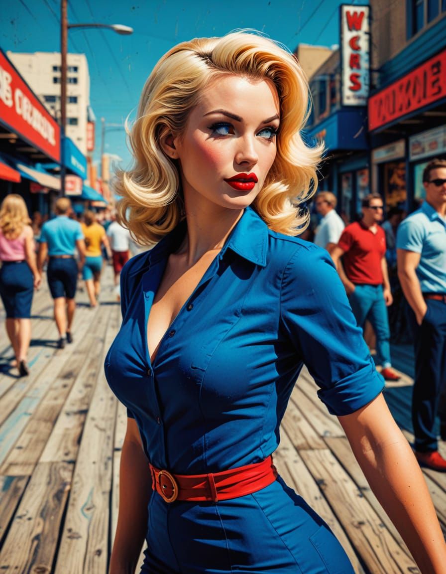 Retro Pop Art Pin-Up Girl on Boardwalk