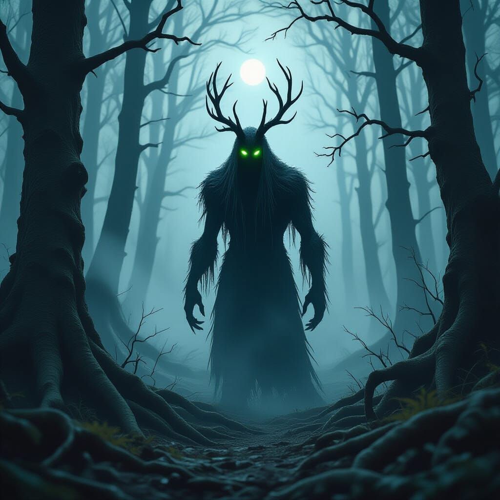 Spectral Wendigo in Haunted Forest, Dark Fantasy Style