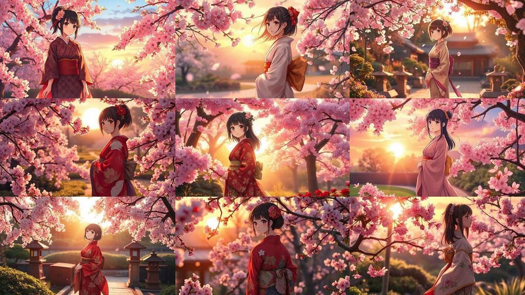 Anime Girl in Kimono at Sunset Japanese Garden
