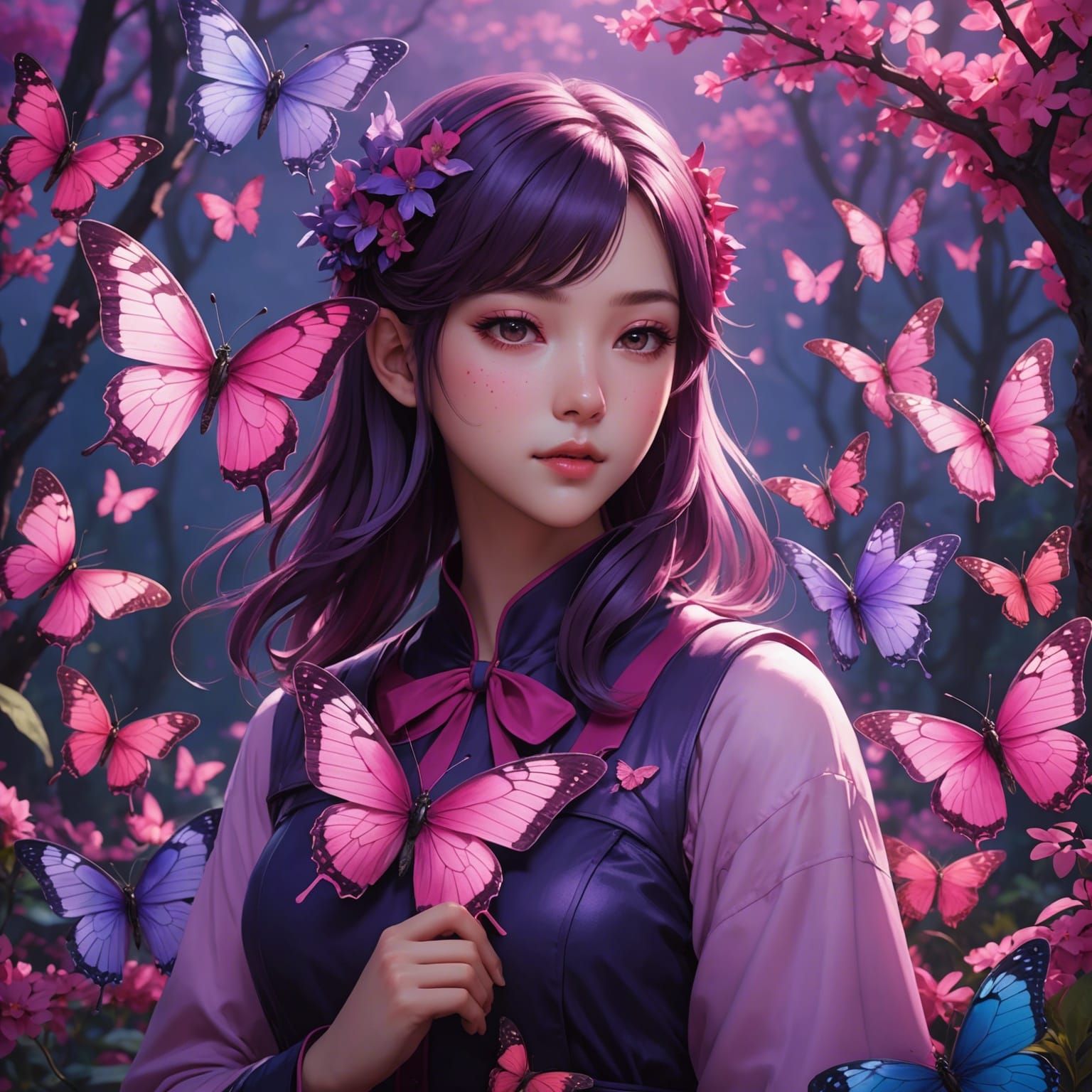 Magenta Butterflies in 3D Anime Style