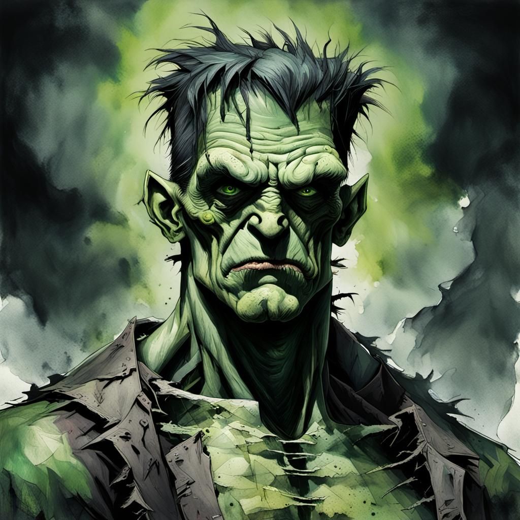 Frankenstein's Monster in Distorted Watercolor Style