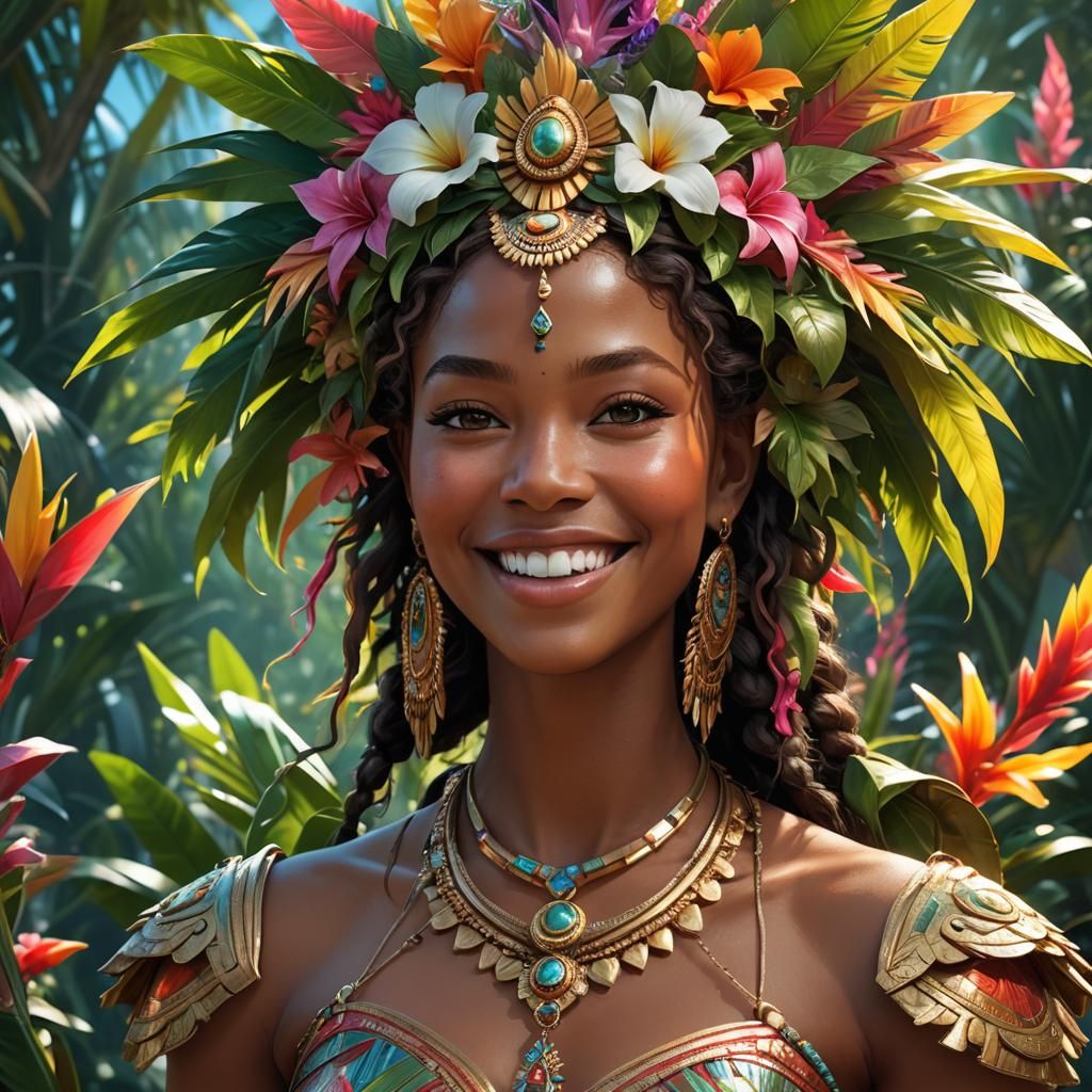 Tropical Island Goddess Portrait in Hyperdetailed Splash Art