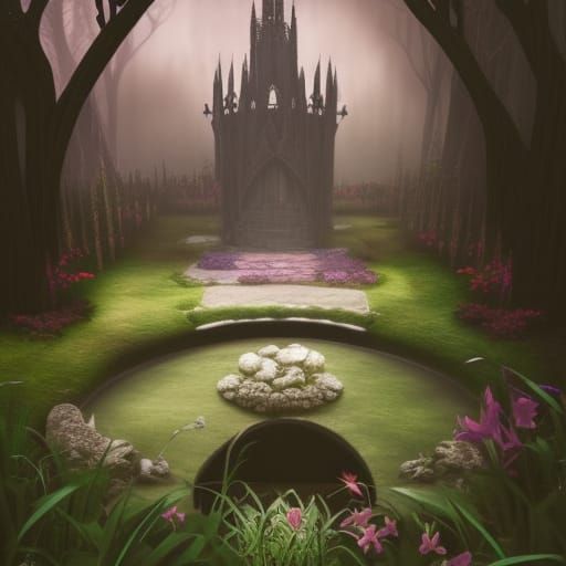 Ethereal gothic Garden with Natural oasis in the middle& gothic vibes& ethereal vibes& dark fantasy vibes& fantasy vibes...