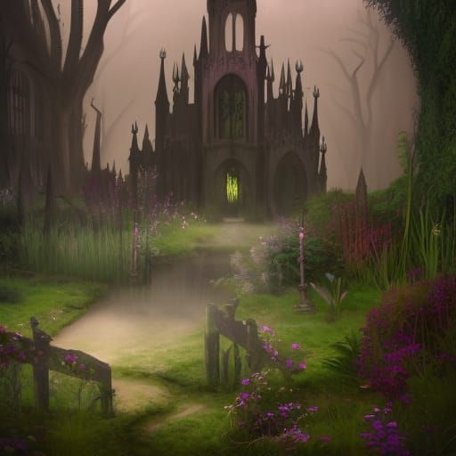 Ethereal gothic Garden with Natural oasis in the middle& gothic vibes& ethereal vibes& dark fantasy vibes& fantasy vibes...