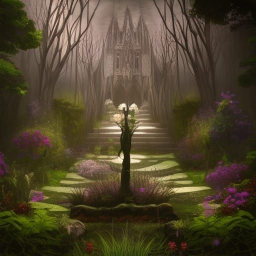 Ethereal gothic Garden with Natural oasis in the middle& gothic vibes& ethereal vibes& dark fantasy vibes& fantasy vibes...