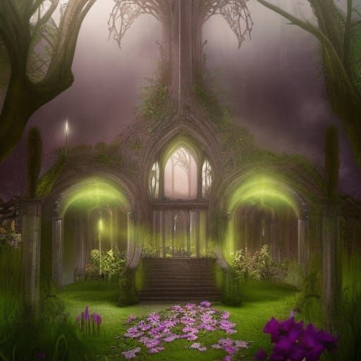 Ethereal gothic Garden with Natural oasis in the middle& gothic vibes& ethereal vibes& dark fantasy vibes& fantasy vibes...