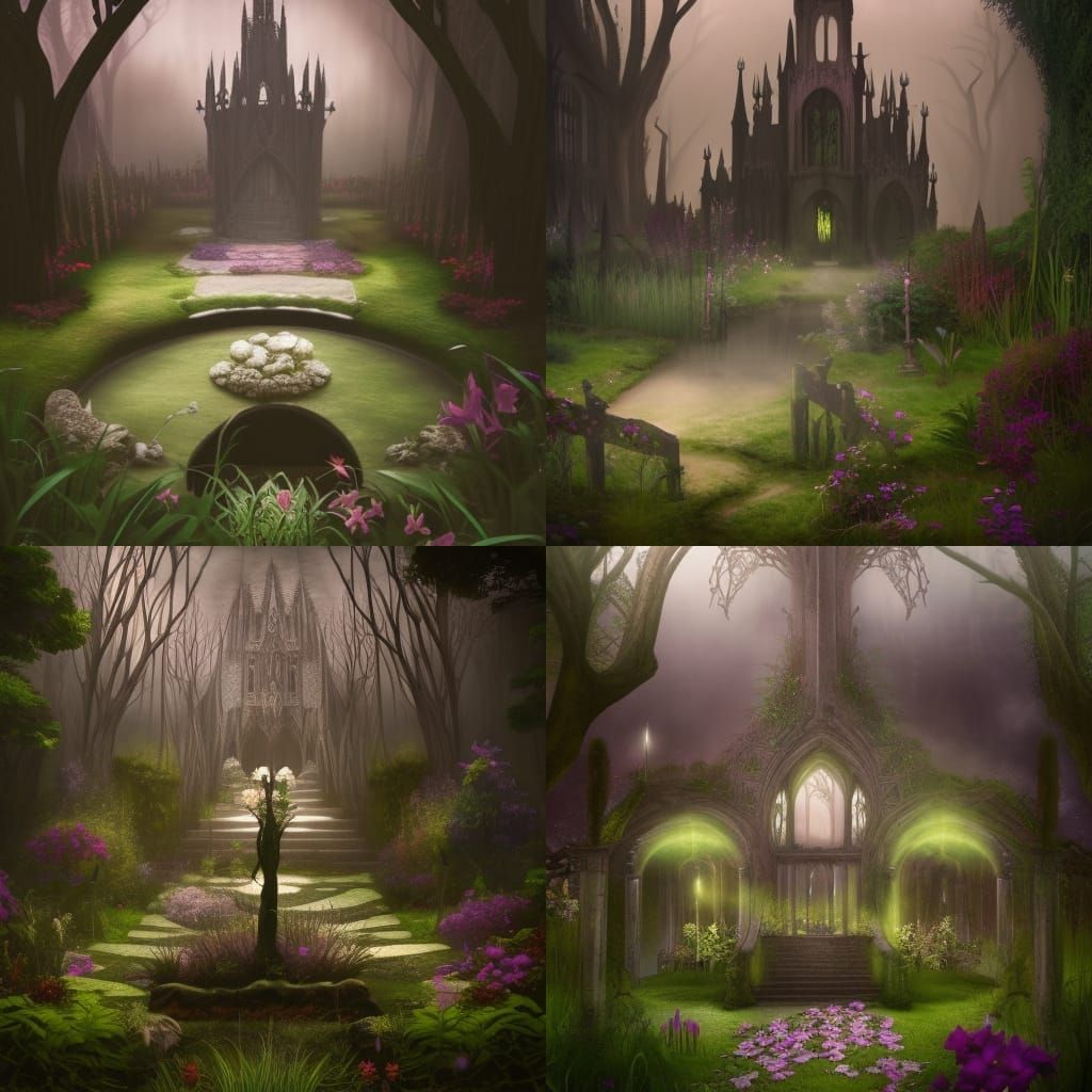 Ethereal gothic Garden with Natural oasis in the middle& gothic vibes& ethereal vibes& dark fantasy vibes& fantasy vibes...